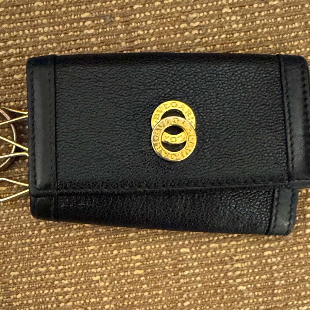 Bulgari Black Leather Key Case with Gold-Tone Hardware